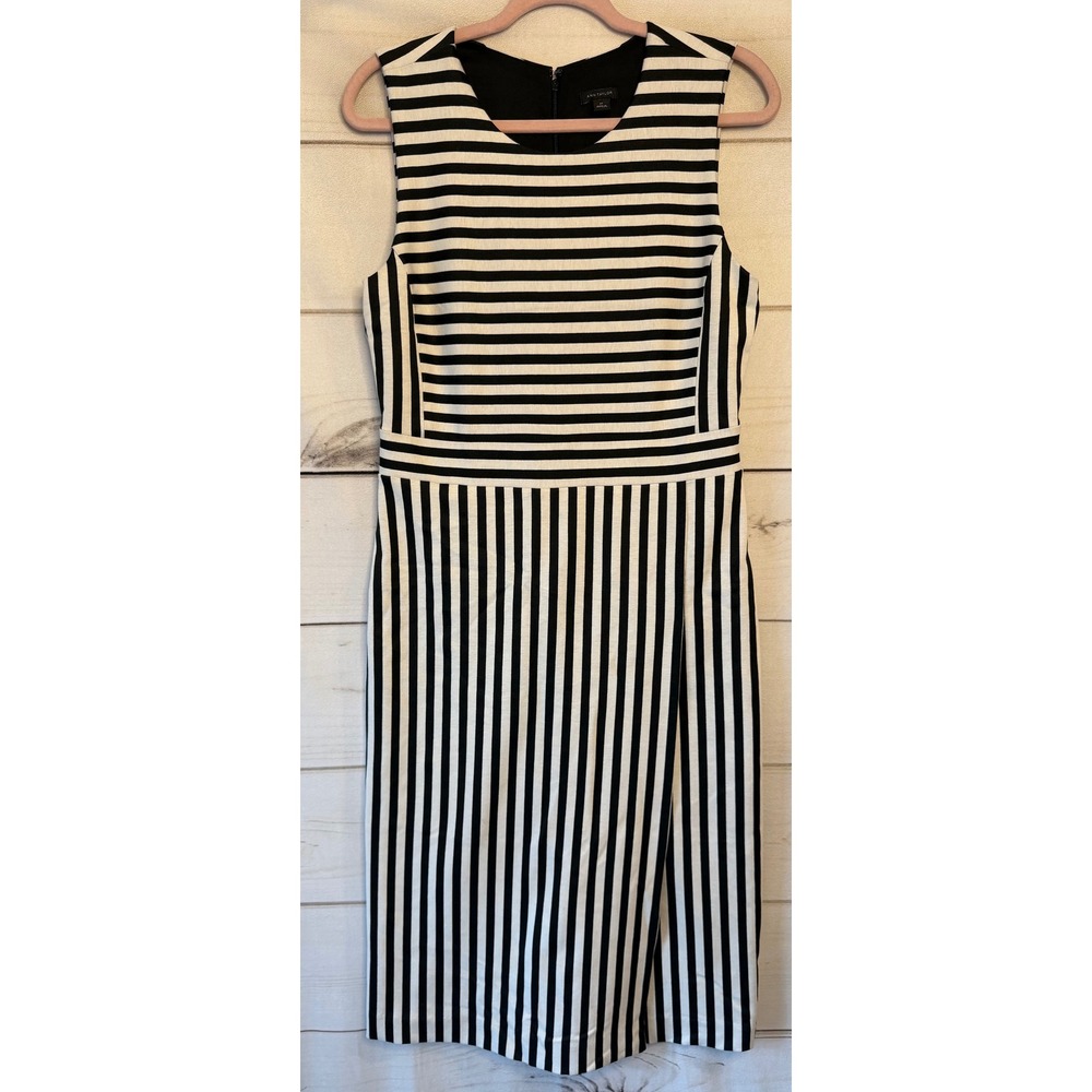 Ann Taylor Black White Striped Sleeveless Sheath Dress 8T Tall Office Career